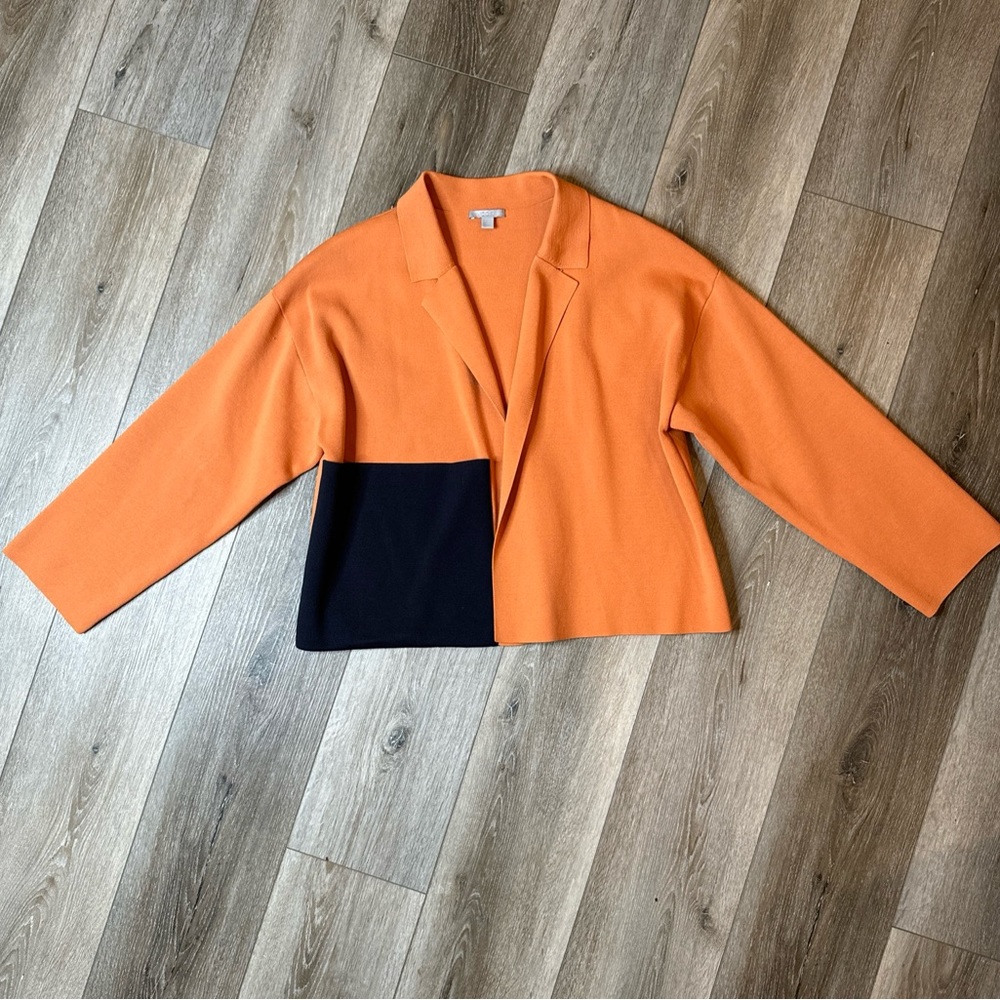 COS Colorblock Huge Pocket Knit Open Front Boxy Jacket Orange Navy Blue Sz S EUC - Picture 3 of 10